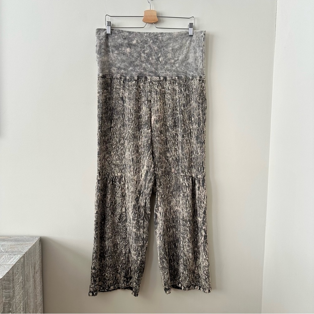 XCVI-Dark Dye Tye Crinkle High Waist Fold Over Wide Leg Cropped Pants